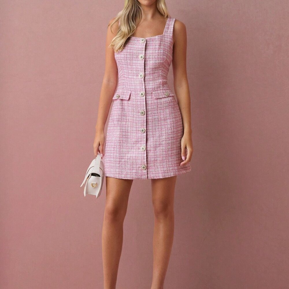 Pink Elegant Women's Romantic Plaid Mini Dress - Picture 4 of 7